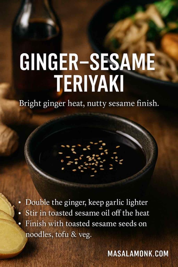 Recipe card showing a rustic bowl of glossy ginger–sesame teriyaki sauce topped with toasted sesame seeds, with fresh ginger, sesame oil and a noodle bowl in the background, plus text explaining how to double the ginger and finish with sesame oil and seeds.