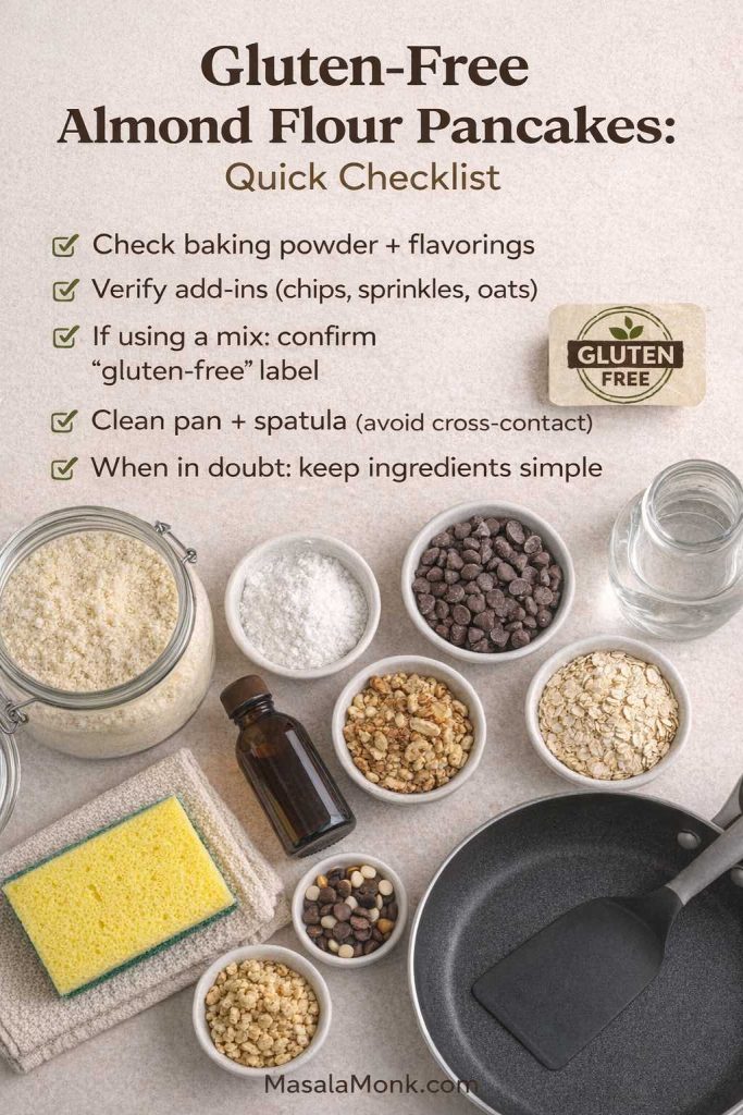 Gluten-free almond flour pancakes checklist showing label checks for baking powder and add-ins plus clean pan and spatula tips to avoid cross-contact.