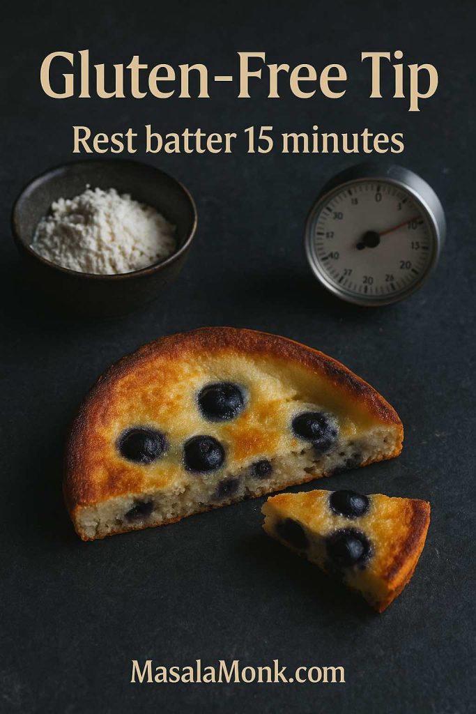 Portrait photo of a gluten-free blueberry pancake cut open on a dark surface with a bowl of gluten-free flour and a kitchen timer, featuring text overlay “Gluten-Free Tip” and “Rest batter 15 minutes,” with MasalaMonk.com in the footer.