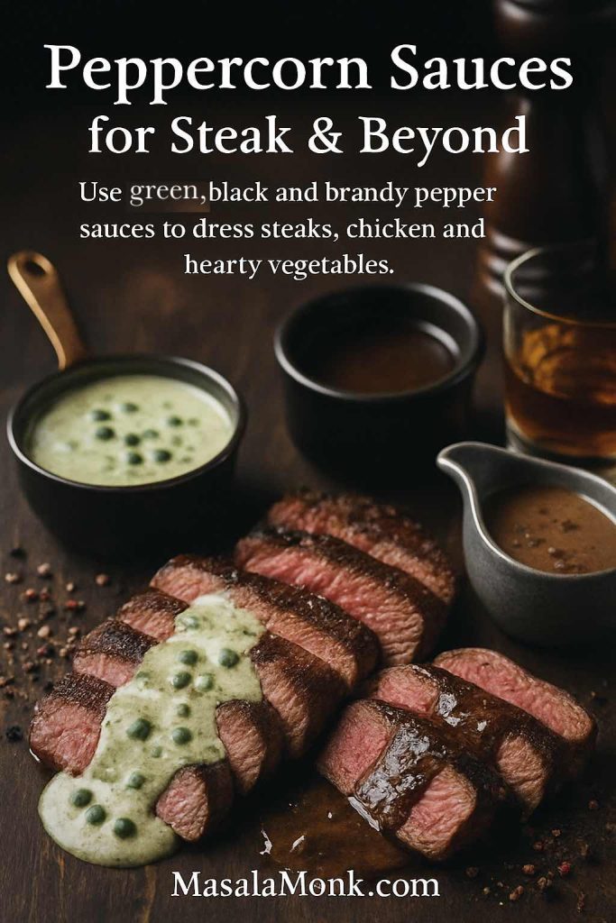 Sliced medium-rare steak on a dark wooden table drizzled with creamy green peppercorn sauce and dark black pepper steak sauce, with three small sauce jugs and scattered peppercorns in a moody restaurant-style scene.