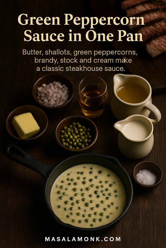 Vertical photo showing a small pan of creamy green peppercorn sauce on a dark wooden table surrounded by bowls of butter, chopped shallots, green peppercorns, brandy, stock, cream and salt, with text reading ‘Green Peppercorn Sauce in One Pan’ and MasalaMonk.com.