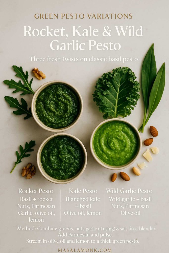 Recipe card for Rocket, Kale and Wild Garlic pesto variations on white marble, showing three bowls of green pesto with rocket leaves, kale, wild garlic, nuts, Parmesan and simple ingredient lists and method – MasalaMonk.