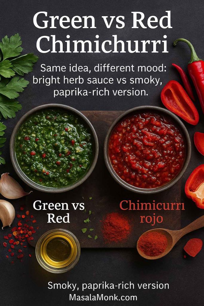 Overhead image of two bowls of chimichurri sauce on a dark surface, one bright green chimichurri verde and one deep red chimichurri rojo, surrounded by parsley, garlic, red pepper flakes, paprika and red pepper with text Green vs Red Chimichurri.