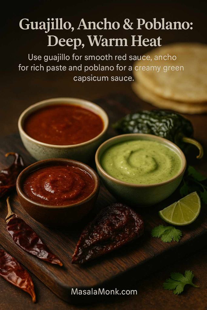 Three bowls of Mexican pepper sauces on a wooden board: brick-red guajillo sauce, dark ancho chili paste and creamy green poblano pepper sauce, surrounded by dried chilies, roasted poblano, lime wedge and coriander with text describing deep, warm heat.