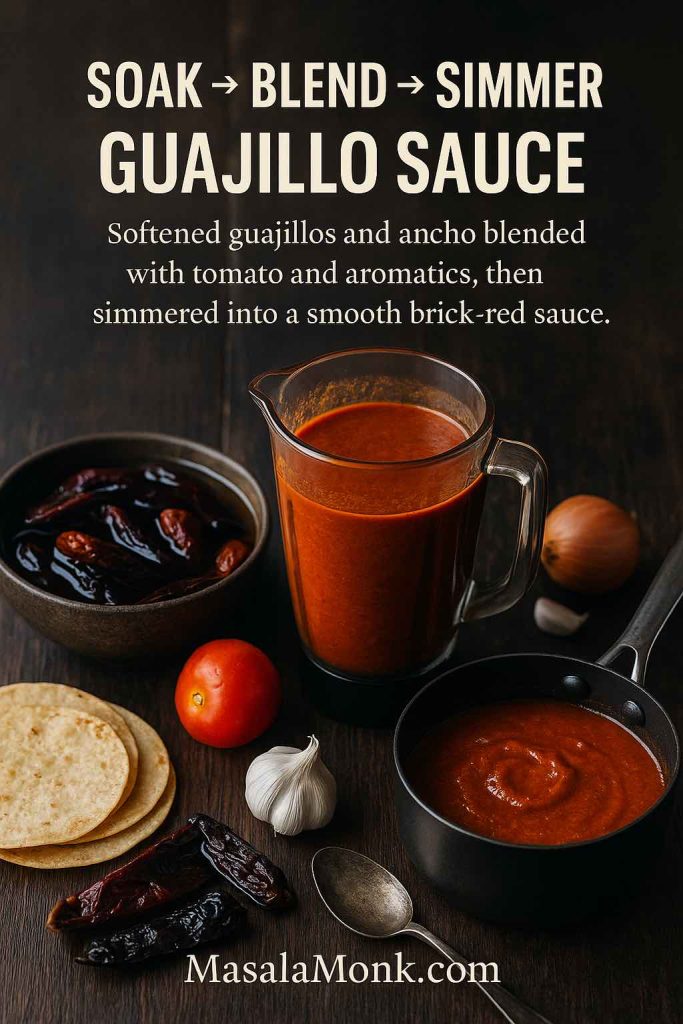 Vertical photo showing dried chilies soaking in a bowl, a jug of blended brick-red guajillo sauce and a small pan of guajillo sauce simmering on a dark wooden table with tortillas, tomato, garlic and onion around them.