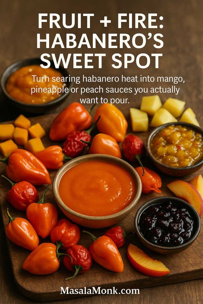 Board with bowls of habanero hot sauce, mango habanero sauce, pineapple habanero salsa and dark berry habanero sauce surrounded by fresh habanero peppers and diced mango, pineapple and peach.