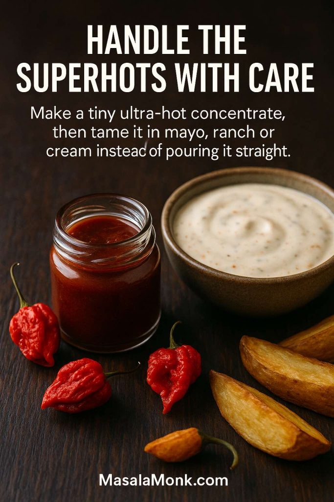 Tiny glass jar of dark red superhot chili sauce beside a bowl of creamy ranch dip, fresh superhot peppers and potato wedges on a dark wooden table with text warning to handle superhot peppers with care.