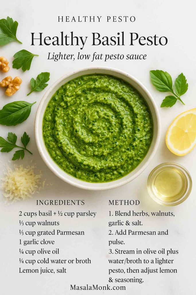 Healthy Basil Pesto recipe card on white marble with a bowl of bright green low fat pesto, basil and parsley leaves, walnuts, Parmesan, lemon wedge and printed ingredients and method – MasalaMonk.