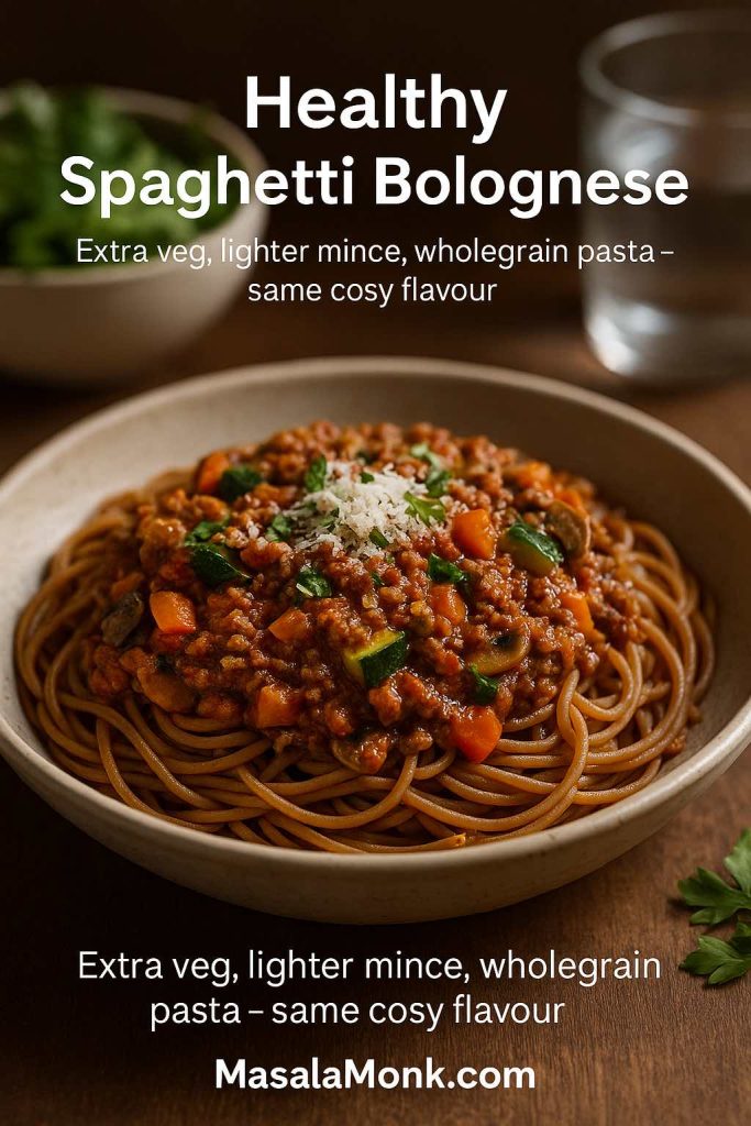 Portrait image of healthy spaghetti bolognese in a rustic bowl, made with wholegrain spaghetti and a veg-packed meat sauce with carrots, zucchini and mushrooms, topped with a little Parmesan and parsley, alongside text promising extra veg, lighter mince and wholegrain pasta with the same cosy flavour.