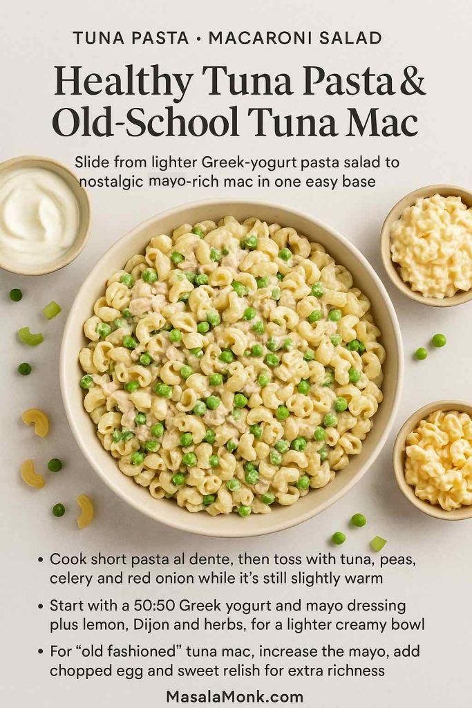 Large bowl of creamy tuna pasta salad with peas, with small bowls of Greek yogurt dressing and mayo-rich tuna mac on a light background.