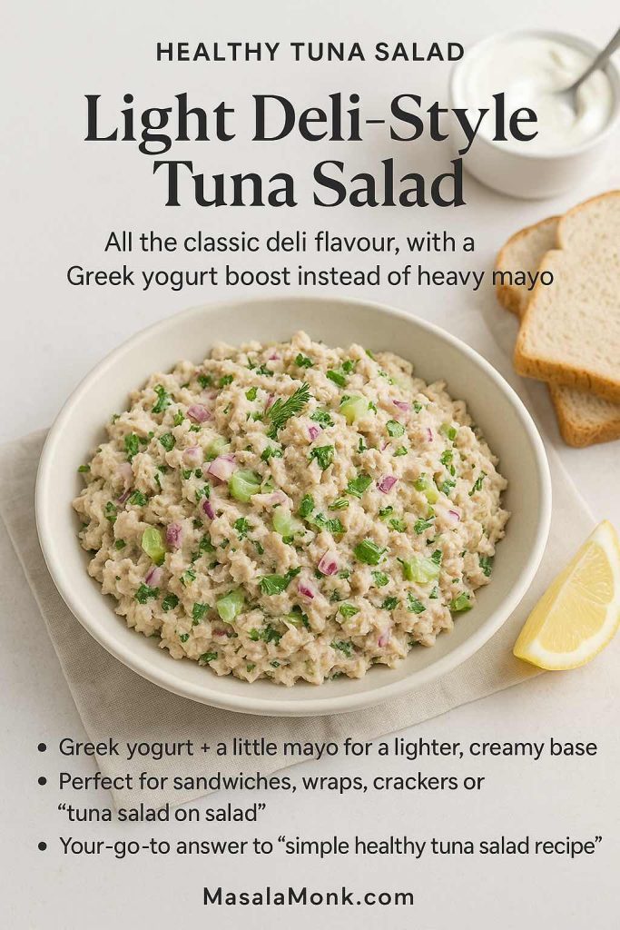 Light deli-style healthy tuna salad made with tuna, celery, red onion and a Greek yogurt dressing in a bowl with bread and lemon.
