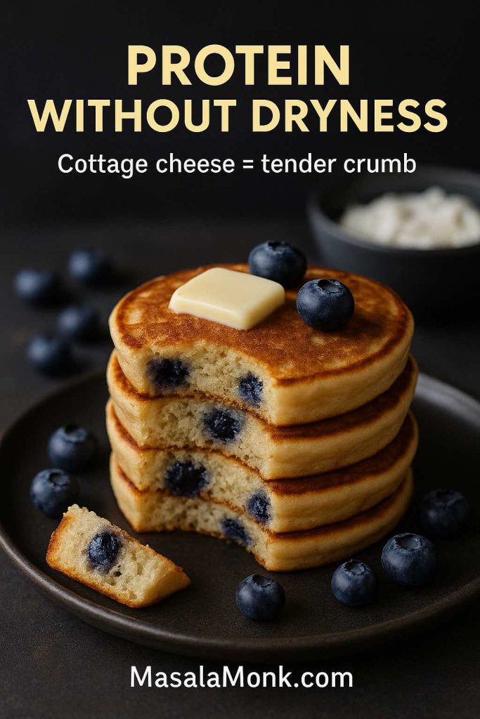 Portrait photo of high protein blueberry pancakes with a cut piece showing a tender crumb and blueberries inside, topped with a small butter pat, with text overlay “Protein Without Dryness” and “Cottage cheese = tender crumb,” and MasalaMonk.com in the footer.