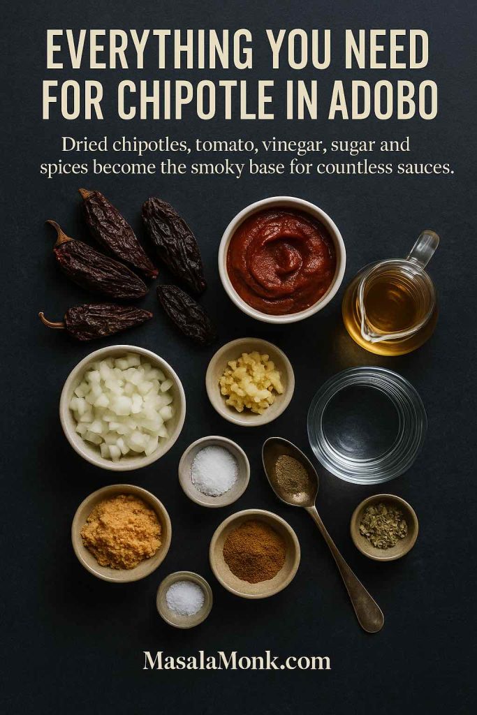 Overhead flatlay of ingredients for homemade chipotle in adobo sauce including dried chipotle chilies, tomato paste, chopped onion, minced garlic, apple cider vinegar, water, brown sugar, salt, cumin and oregano on a dark background.