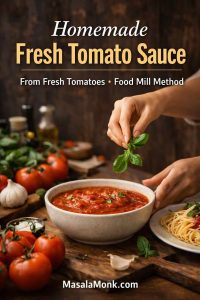 Homemade fresh tomato sauce from fresh tomatoes with basil, made using the food mill method.