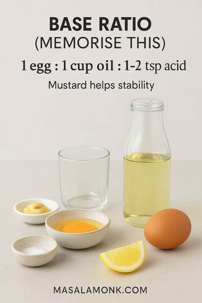 Homemade mayonnaise base ratio card showing the classic mayo recipe ratio: 1 egg, 1 cup oil, and 1–2 teaspoons acid.