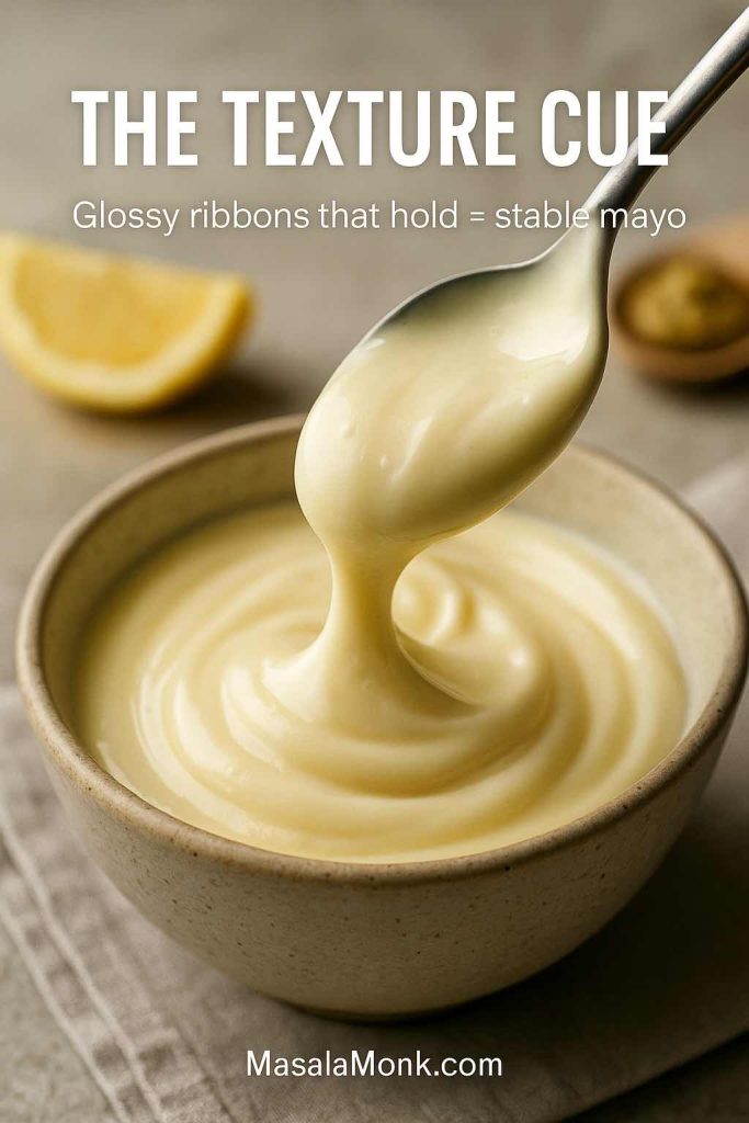 Homemade mayonnaise emulsion test showing glossy ribbons that hold, indicating a stable mayo texture.