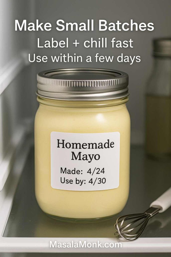 Homemade mayonnaise stored in a labeled jar in the refrigerator with guidance to chill quickly and use within a few days.