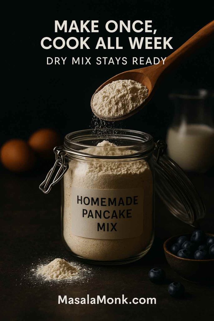 Portrait photo of a glass jar labeled “Homemade Pancake Mix” with flour being poured from a wooden scoop, blueberries and eggs nearby, featuring text overlay “Make once, cook all week” and “Dry mix stays ready,” with MasalaMonk.com in the footer.