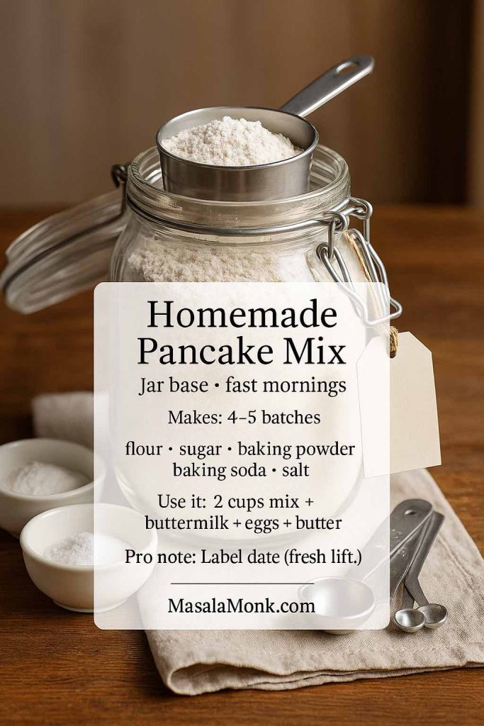 Homemade pancake mix in a jar recipe card showing dry ingredients and the “2 cups mix + buttermilk + eggs + butter” formula for making blueberry pancake mix quickly.