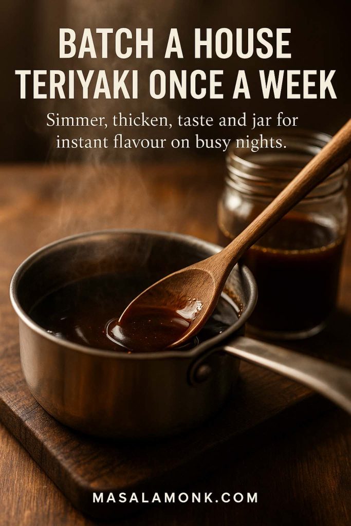 Close-up of glossy homemade teriyaki sauce being stirred with a wooden spoon in a small saucepan, with a glass jar of sauce in the background, illustrating batch cooking for easy weeknight teriyaki recipes.