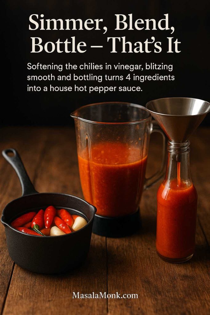 Vertical photo showing the process of homemade vinegar hot pepper sauce with a pan of chilies in vinegar, a blender jug of red sauce and a glass bottle being filled using a funnel.