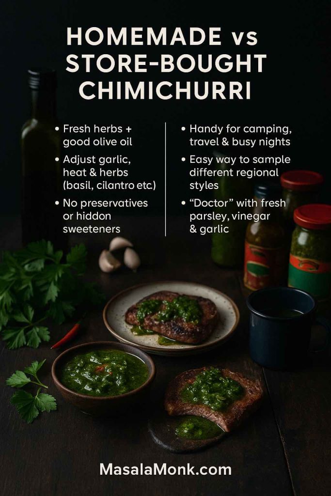 Comparison image showing a rustic plate of steak with bright green homemade chimichurri on one side and jars of store-bought chimichurri sauce on the other, with overlay text listing pros of homemade and premade chimichurri.