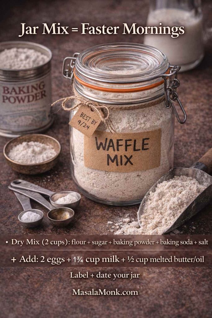 Portrait photo of a labeled glass jar filled with homemade waffle mix on a kitchen counter, surrounded by flour and measuring spoons, with text overlay showing the dry mix ratios and wet add-ins for quick Belgian waffles; MasalaMonk.com in the footer.