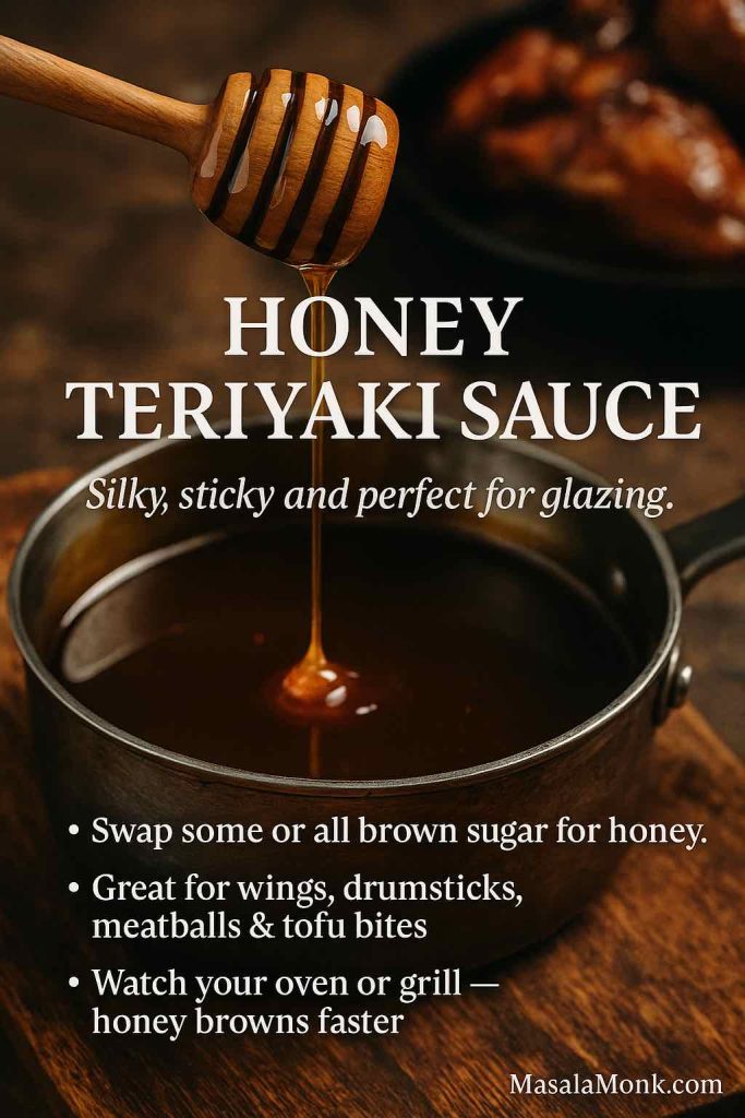 Vertical recipe card showing honey teriyaki sauce in a saucepan with honey dripping from a wooden dipper above it, plus text explaining how to swap sugar for honey and use the sauce for wings, drumsticks, meatballs and tofu bites.