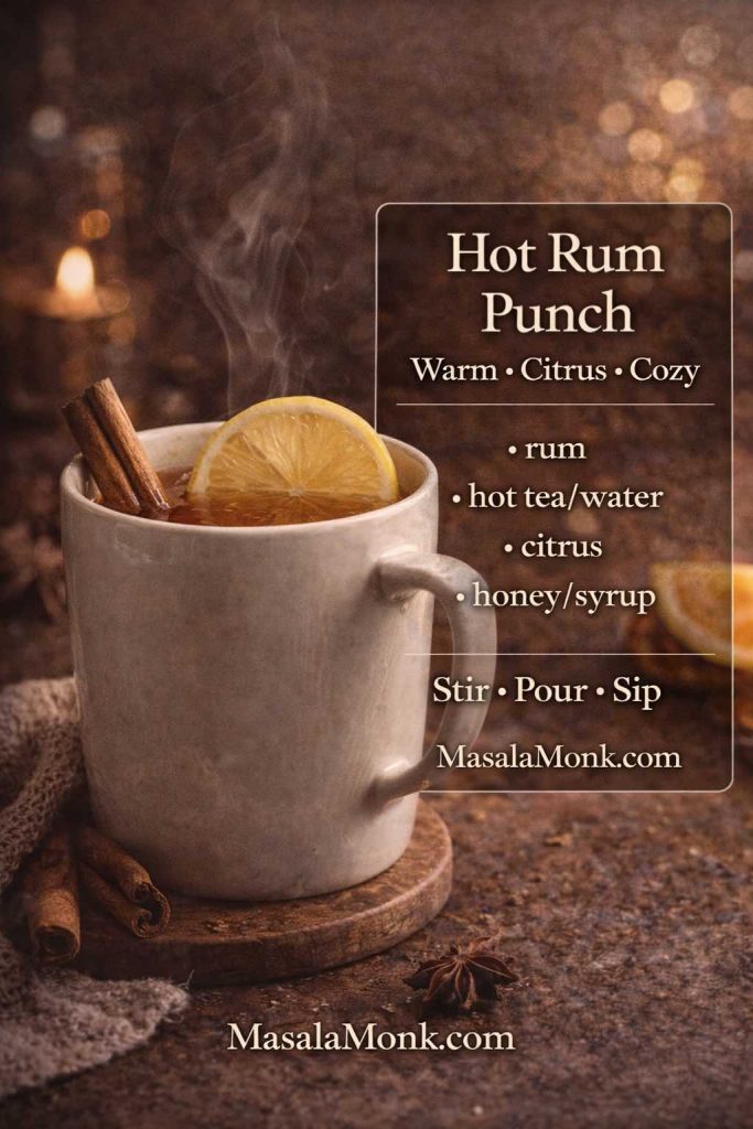 Hot rum punch in a steaming mug with lemon and cinnamon, featuring a recipe-card overlay listing rum, hot tea or water, citrus, and honey with “Stir • Pour • Sip.”