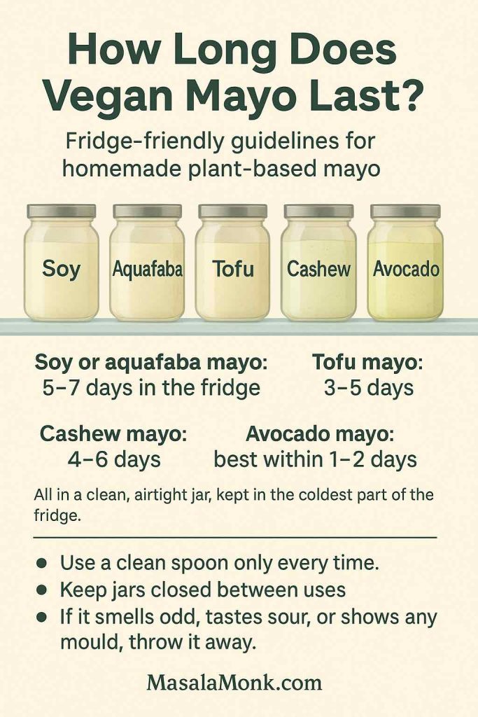 “How Long Does Vegan Mayo Last?” storage graphic showing jars of soy, aquafaba, tofu, cashew and avocado mayo with fridge times and simple food safety tips about using clean spoons, keeping jars closed and discarding anything that smells off.