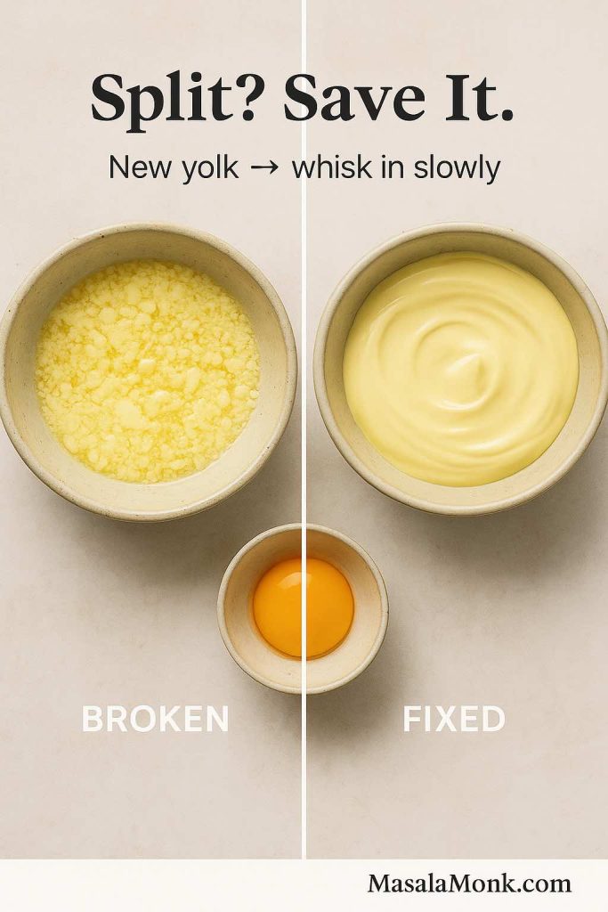 How to fix split mayonnaise showing broken mayo vs fixed smooth mayo by whisking into a fresh egg yolk.