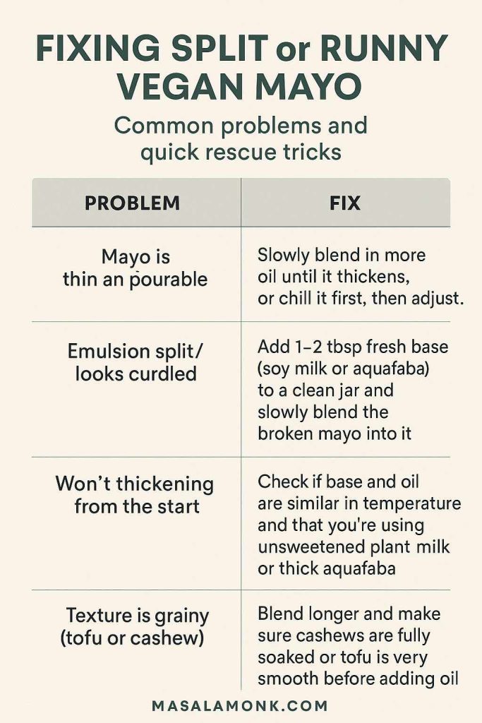 Troubleshooting infographic titled “Fixing Split or Runny Vegan Mayo” from MasalaMonk, showing common problems like thin mayo, split emulsion, mayo not thickening and grainy tofu or cashew mayo, with simple fixes such as adding more oil, starting with fresh base liquid, matching temperatures and blending longer.