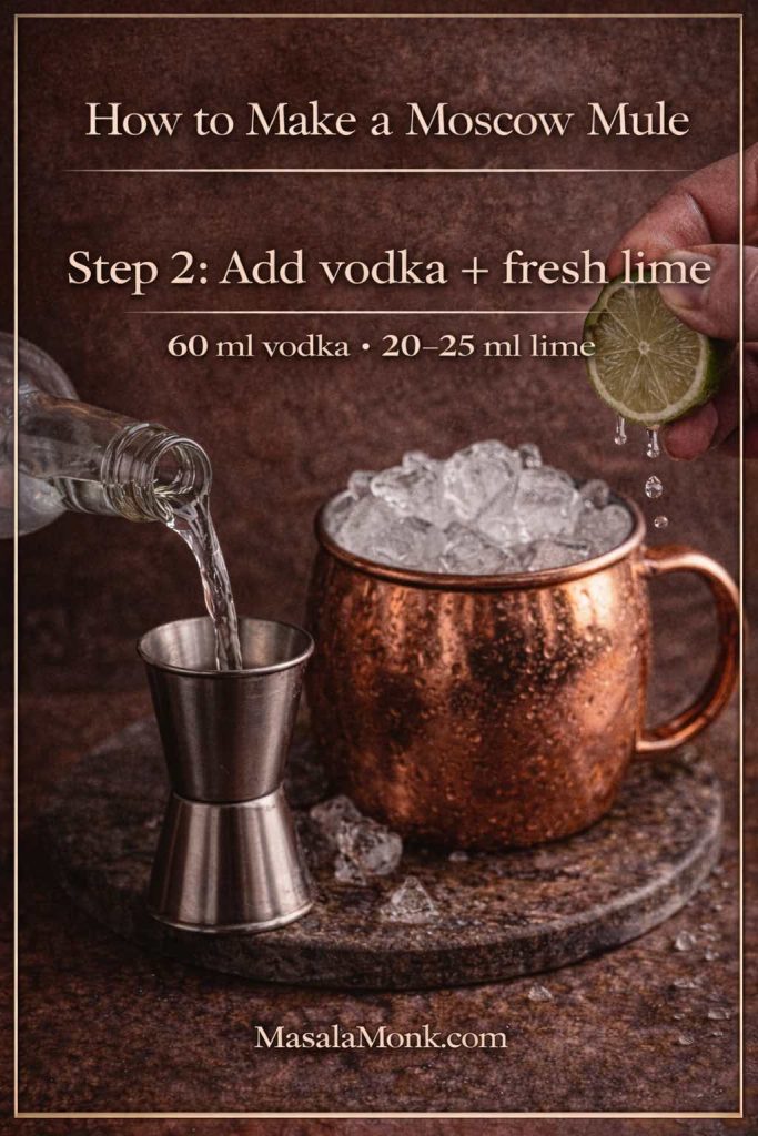 How to make a Moscow Mule step 2: measuring 60 ml vodka into a jigger and squeezing fresh lime into an iced copper mug, showing the classic Moscow mule recipe proportions.
