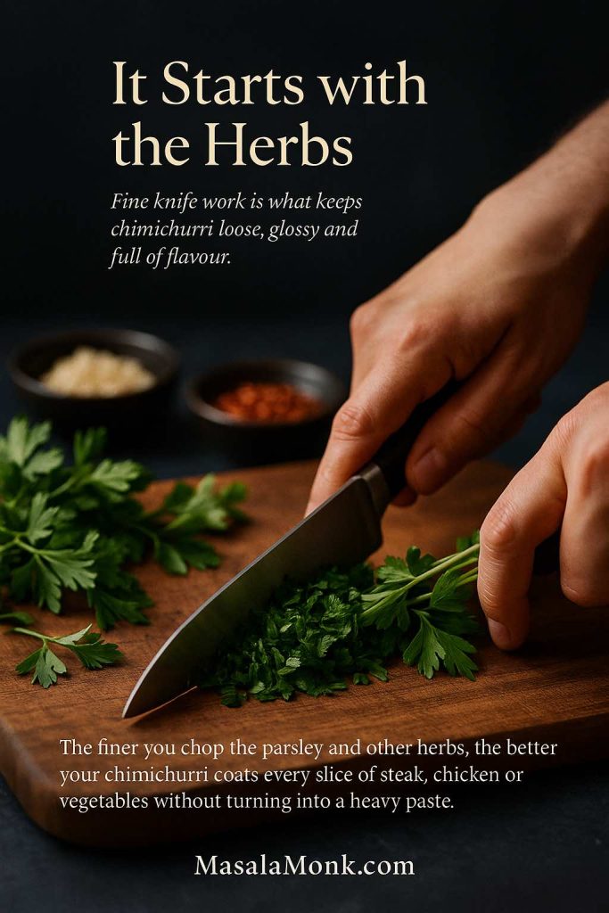 Close-up of hands using a chef’s knife to finely chop fresh flat-leaf parsley on a wooden board with small bowls of garlic and chili in the background for chimichurri sauce.