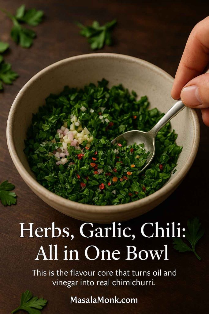 Bowl filled with finely chopped parsley, minced garlic, shallots and red chili flakes being stirred together as the herb base for chimichurri sauce.