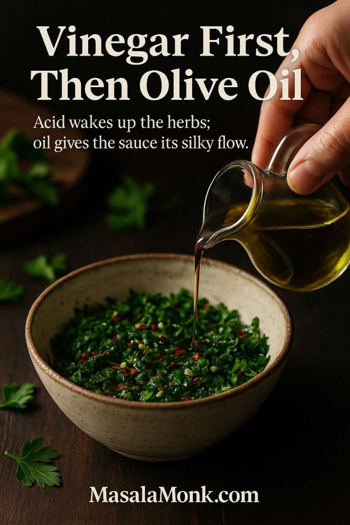 Close-up of red wine vinegar being poured from a glass jug into a bowl of chopped parsley, garlic and chili to make chimichurri, with MasalaMonk.com text on the image.