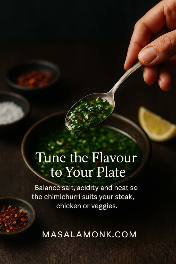 Hand holding a spoonful of glossy green chimichurri sauce above a bowl, with salt, chili flakes and a lemon wedge on a dark table, showing the step of tasting and adjusting seasoning.
