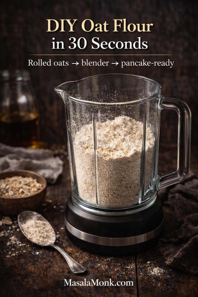 Blender jar filled with homemade oat flour made from rolled oats, styled on a dark tabletop with oats and a spoon, with text “DIY Oat Flour in 30 Seconds.”