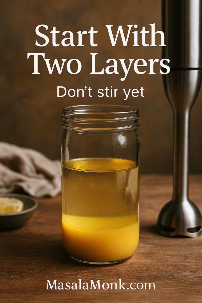 Immersion blender mayonnaise step 1 showing egg mixture at the bottom and oil layered on top in a jar before blending.