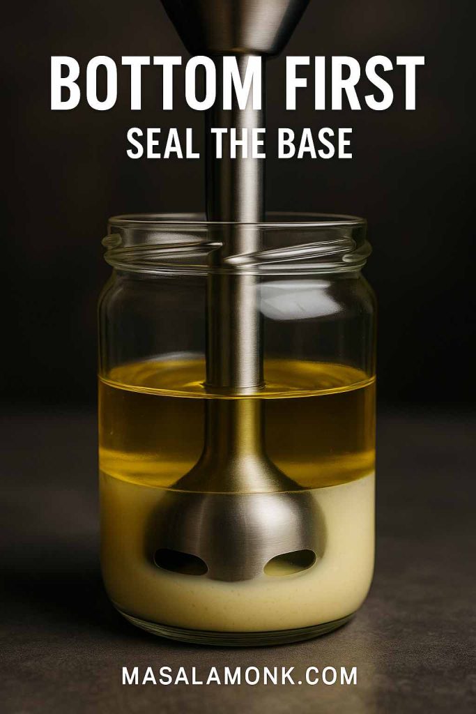 Immersion blender mayonnaise step 2 with the blender head placed flat at the bottom of the jar to start emulsifying the egg and oil.