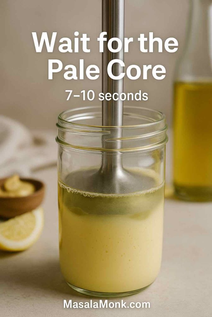 Immersion blender mayonnaise step 3 showing a pale, creamy emulsion forming at the bottom of the jar while oil remains on top.