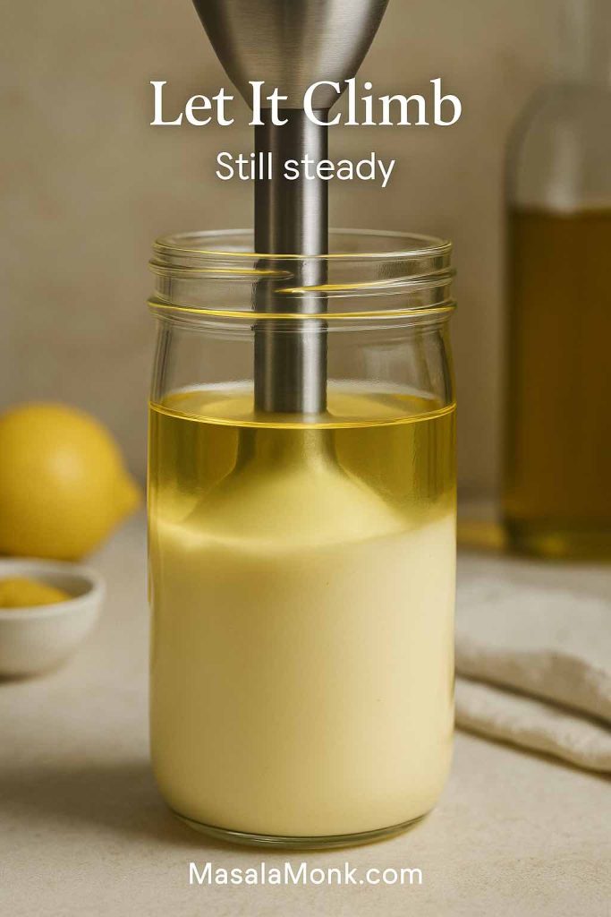 Immersion blender mayonnaise step 4 showing the creamy emulsion rising upward in the jar while a layer of oil remains on top.