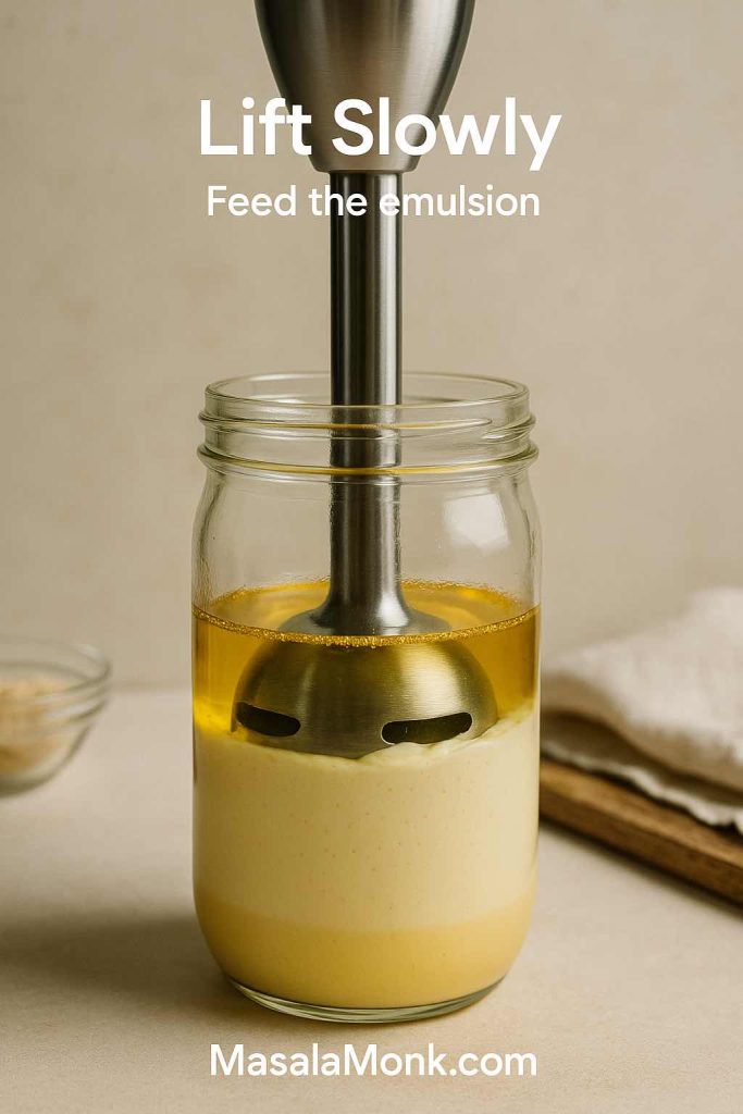 Immersion blender mayonnaise step 5 showing the blender being lifted slowly to pull the top oil into the forming emulsion.