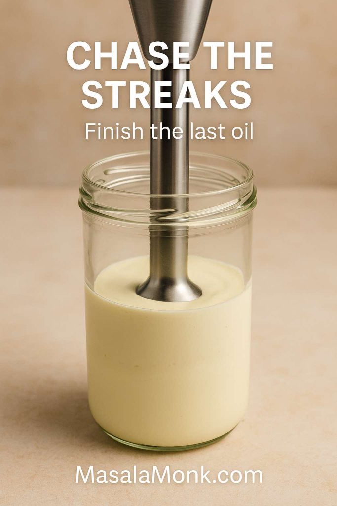 Immersion blender mayonnaise step 6 showing mostly emulsified mayo in a jar as the last oil is blended in.