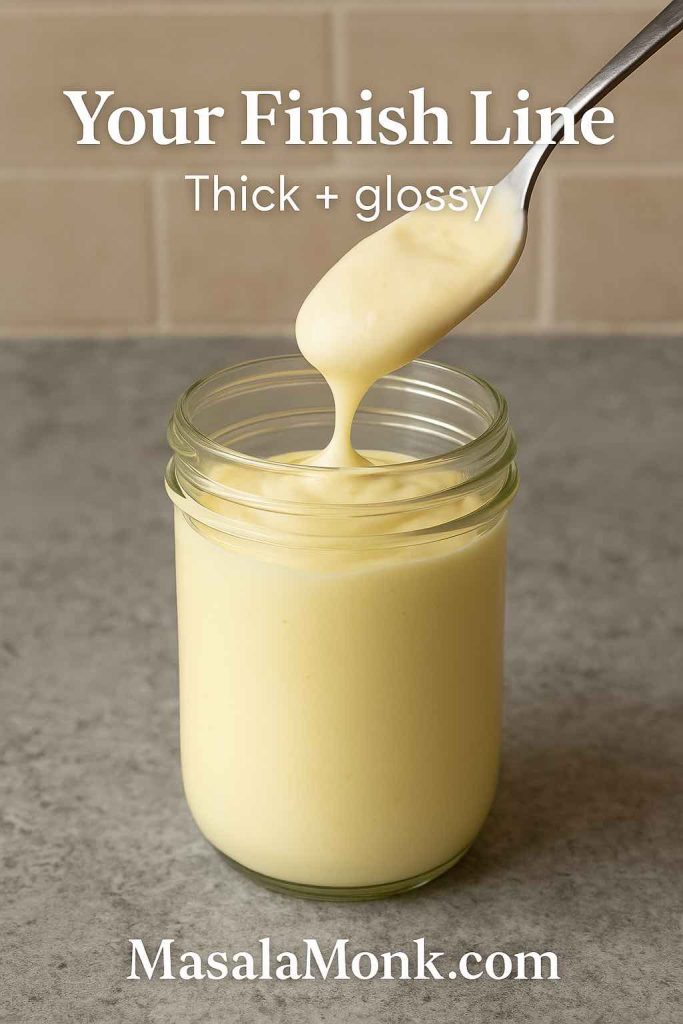 Immersion blender mayonnaise step 7 showing finished homemade mayo in a jar with thick glossy texture on a spoon.