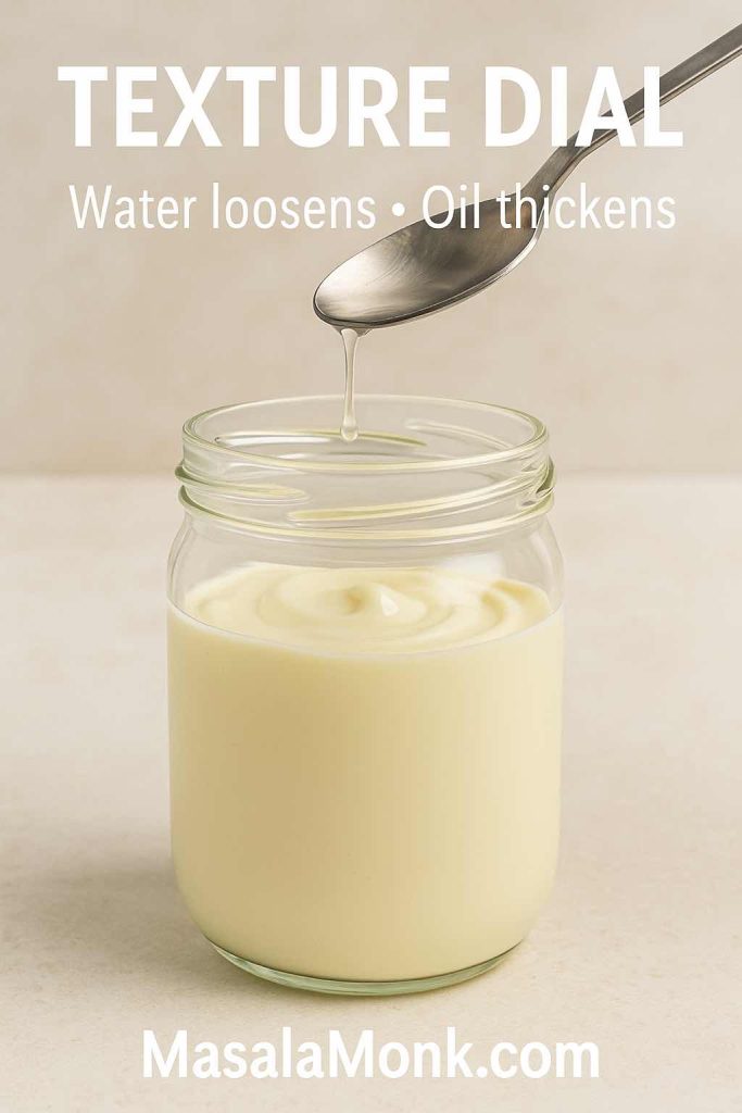 Immersion blender mayonnaise step 8 showing a small amount of water being added to loosen homemade mayo texture.