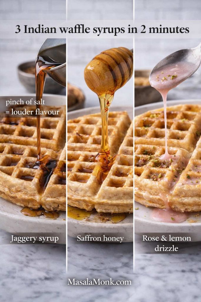 Triptych showing three Indian waffle toppings—jaggery syrup, saffron honey, and rose-lemon drizzle—poured over Belgian waffles, with MasalaMonk.com footer.