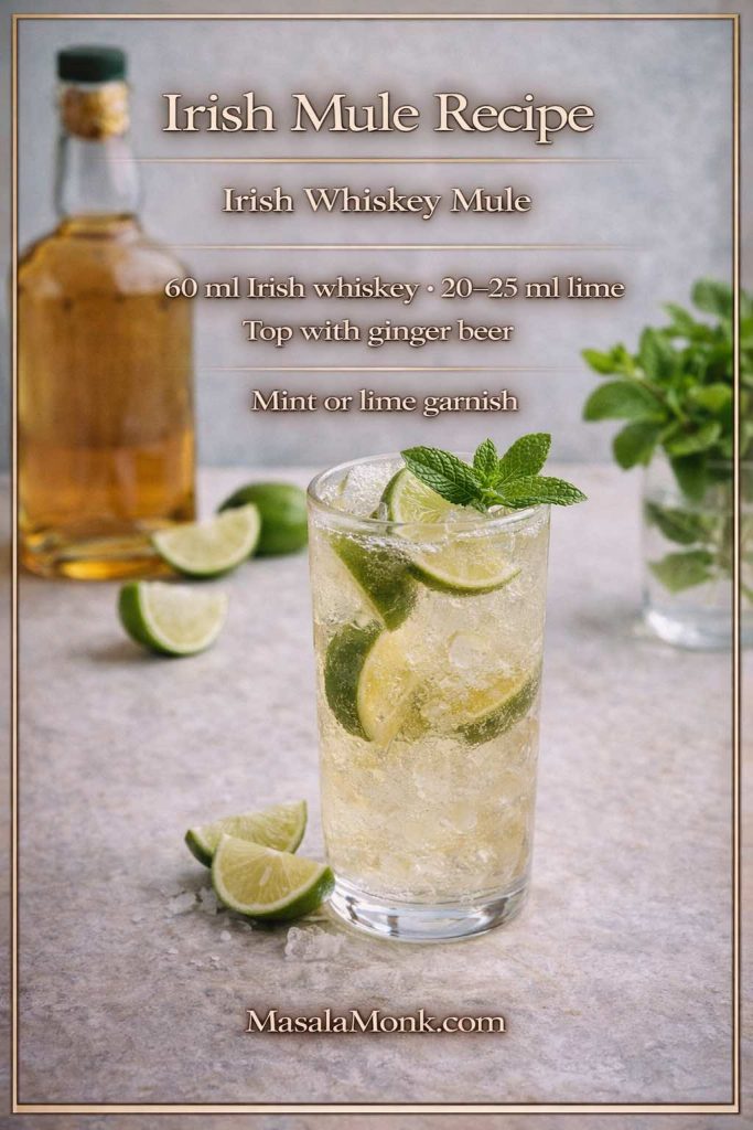 Irish mule recipe: pour 60 ml Irish whiskey over plenty of ice, add 20–25 ml fresh lime, then top with chilled ginger beer—finish with mint or extra lime for a smooth, bright mule that stays crisp and easy to sip.