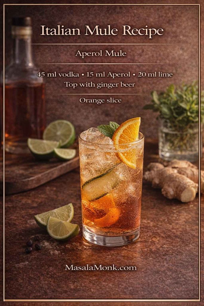 Italian Mule recipe card (Aperol Mule) showing a tall cocktail with ice, orange slice and mint, with measurements (45 ml vodka, 15 ml Aperol, 20 ml lime) topped with ginger beer, on MasalaMonk.com.