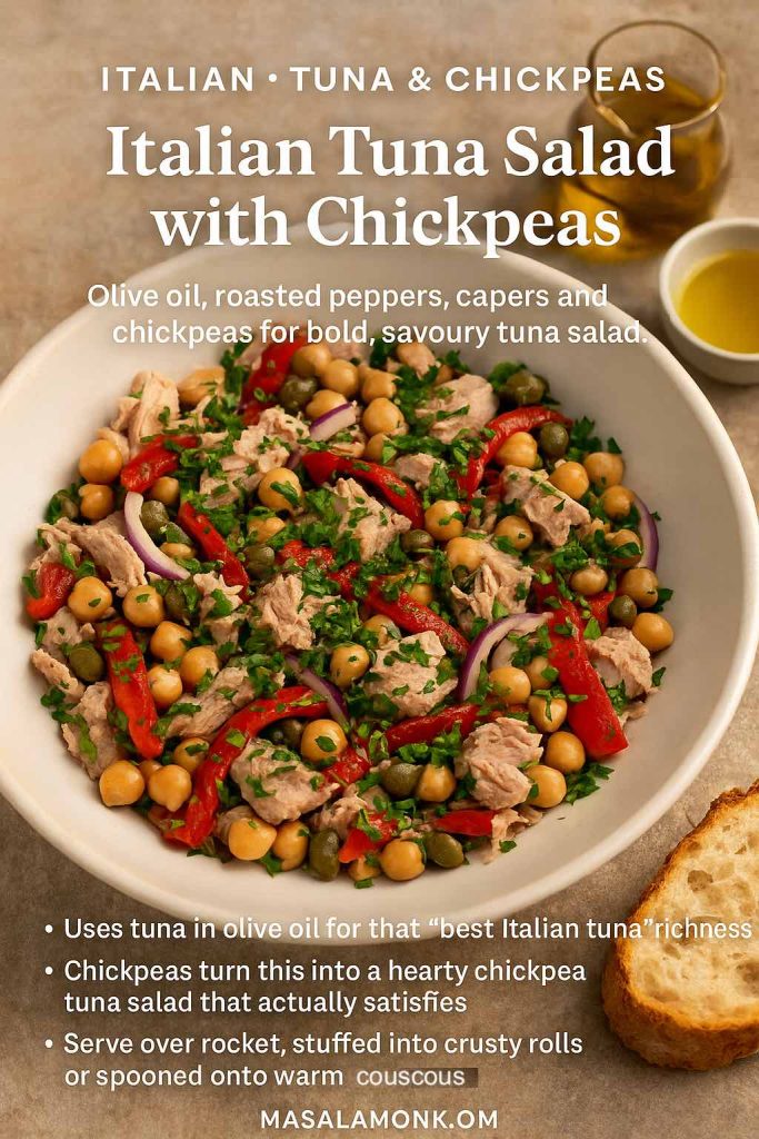 Italian tuna salad with chickpeas, roasted red peppers, capers and red onion in a white bowl, garnished with parsley, with olive oil and bread on a rustic surface.